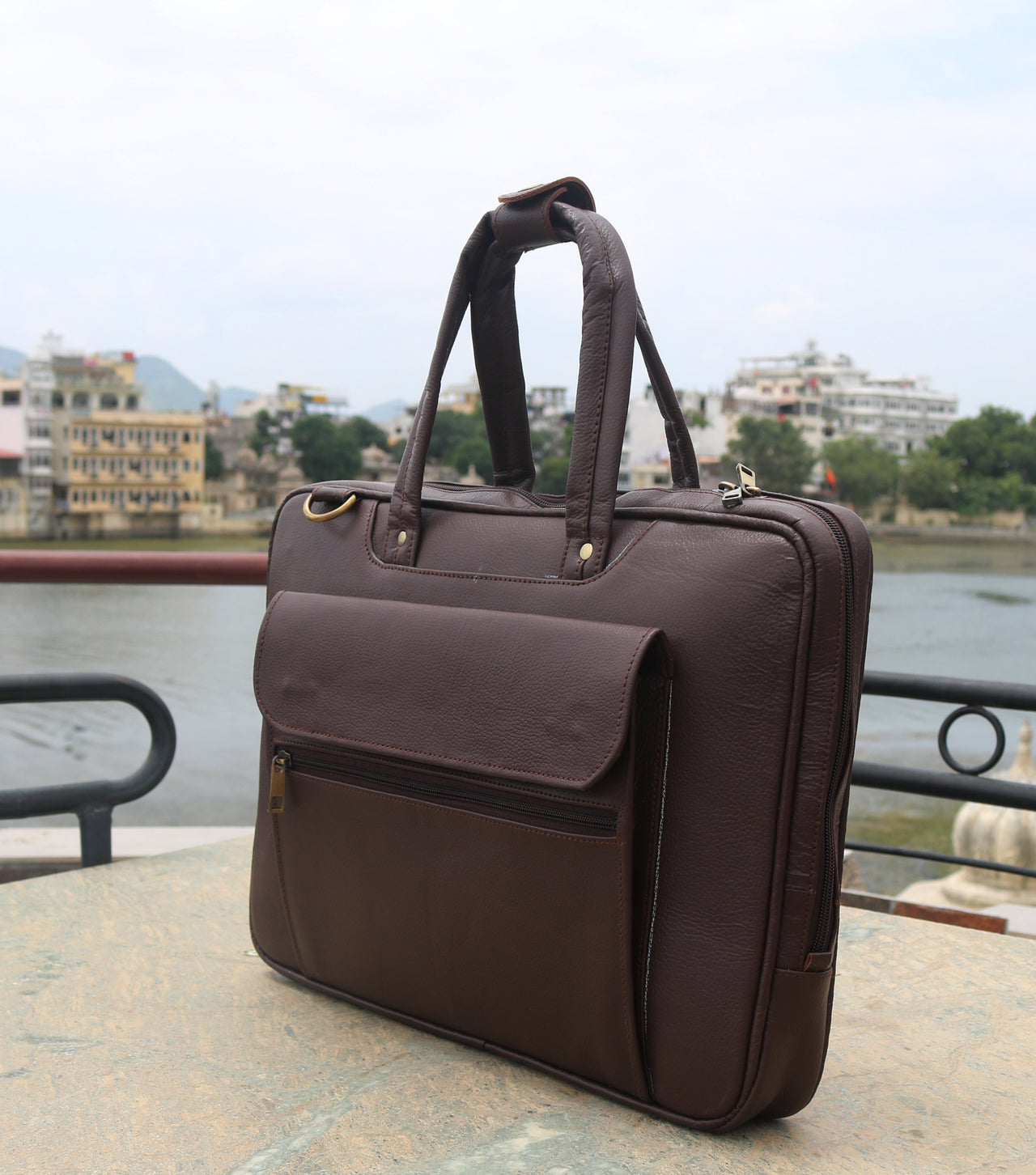 ANUENT Handmade Brown Leather Laptop Briefcase.