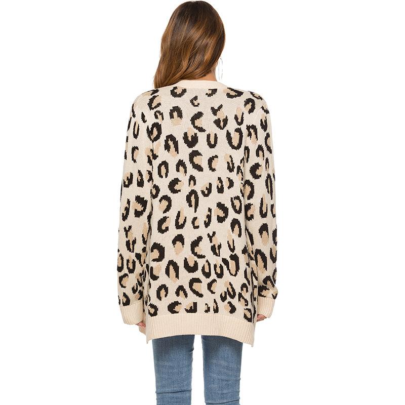 Women Long Sleeve Open Front Leopard Knit Sweater Coat