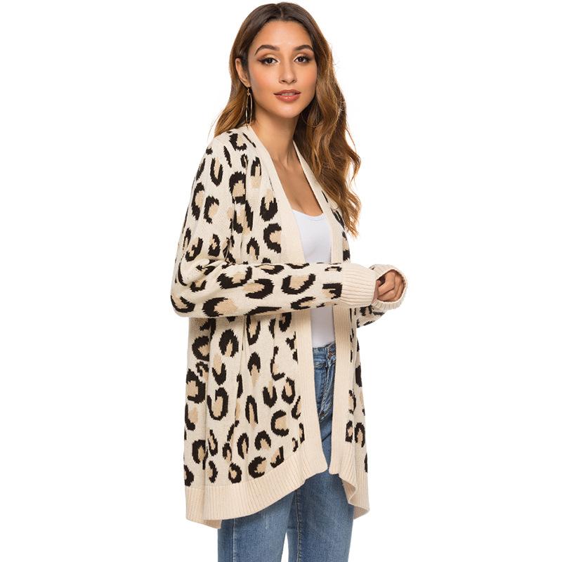 Women Long Sleeve Open Front Leopard Knit Sweater Coat