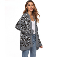 Thumbnail for Women Long Sleeve Open Front Leopard Knit Sweater Coat