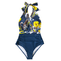 Thumbnail for Navy Floral Deep V neck Halter One Piece Swimsuit