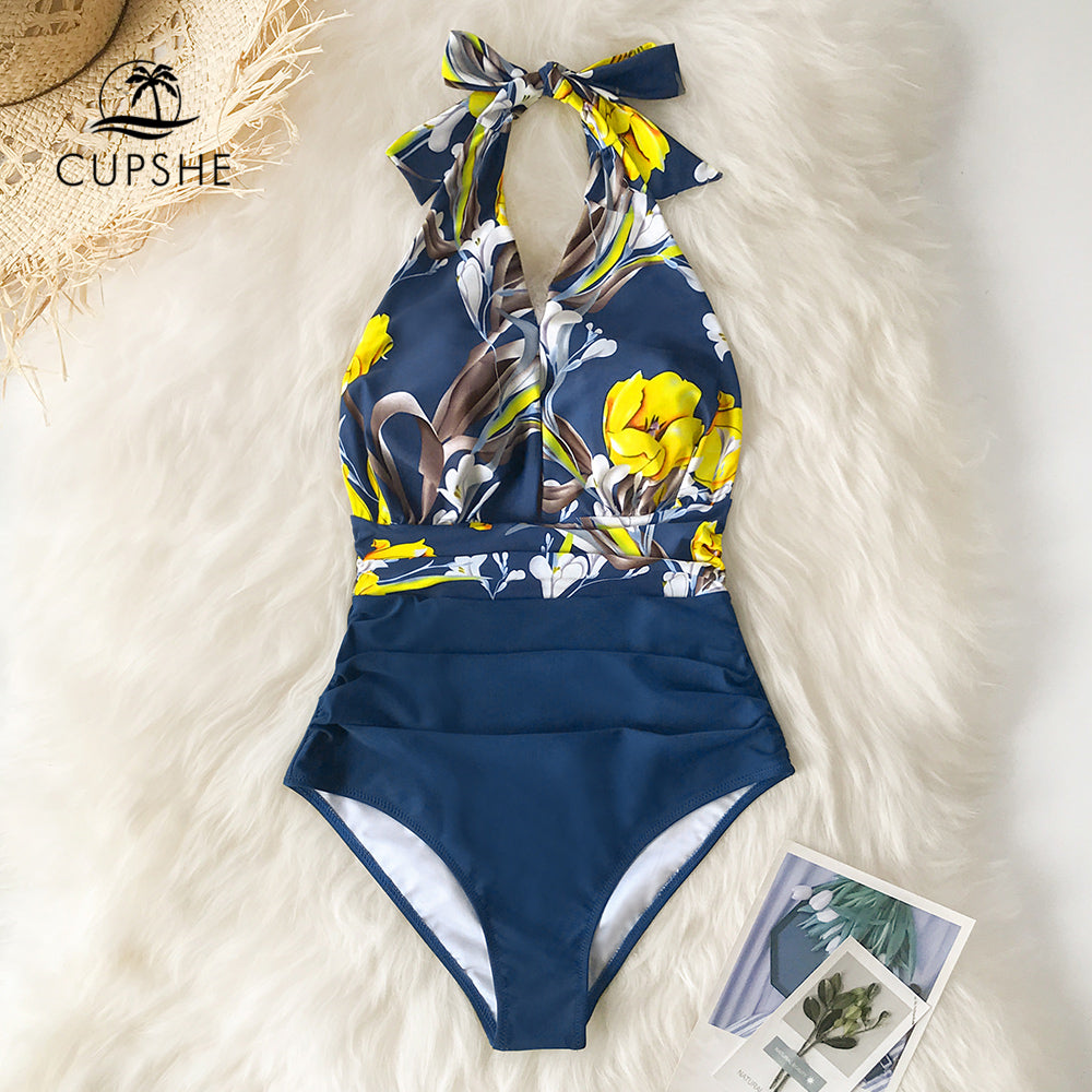 Navy Floral Deep V neck Halter One Piece Swimsuit