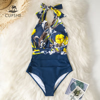 Thumbnail for Navy Floral Deep V neck Halter One Piece Swimsuit