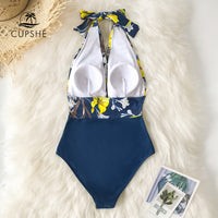 Thumbnail for Navy Floral Deep V neck Halter One Piece Swimsuit