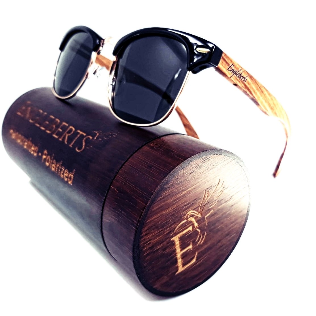 Real Walnut Wood Club Style Sunglasses With Bamboo Case, Polarized