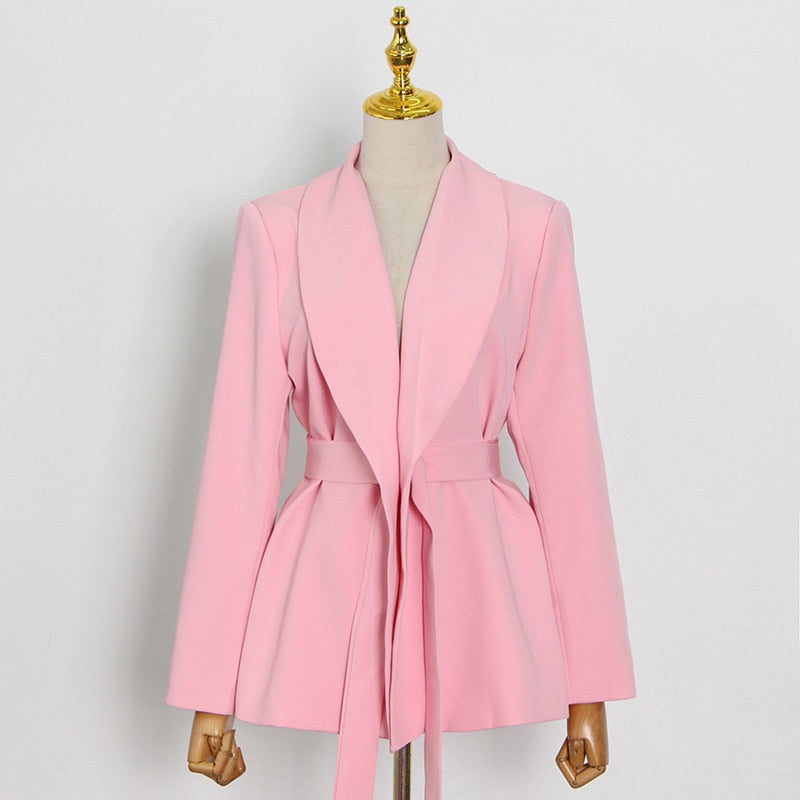 TWOTWINSTYLE Casual Pink Trouser Suits Female Notched Long Sleeve Korean Slim Blazer High Waist Wide Leg Pants Women's Suit 2022