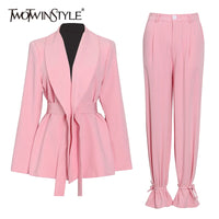 Thumbnail for TWOTWINSTYLE Casual Pink Trouser Suits Female Notched Long Sleeve Korean Slim Blazer High Waist Wide Leg Pants Women's Suit 2022