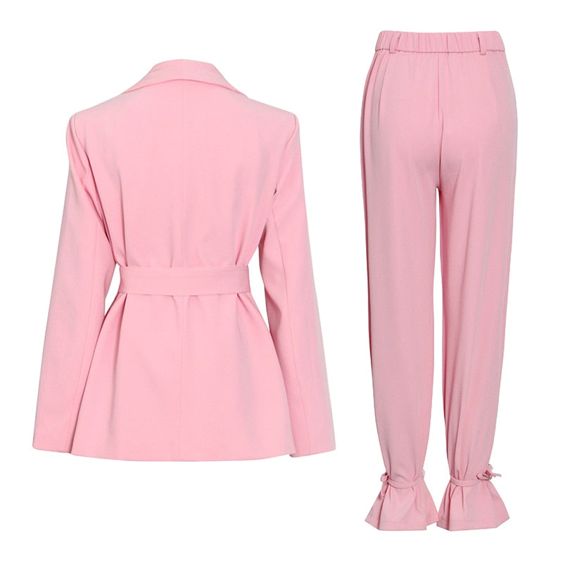 TWOTWINSTYLE Casual Pink Trouser Suits Female Notched Long Sleeve Korean Slim Blazer High Waist Wide Leg Pants Women's Suit 2022