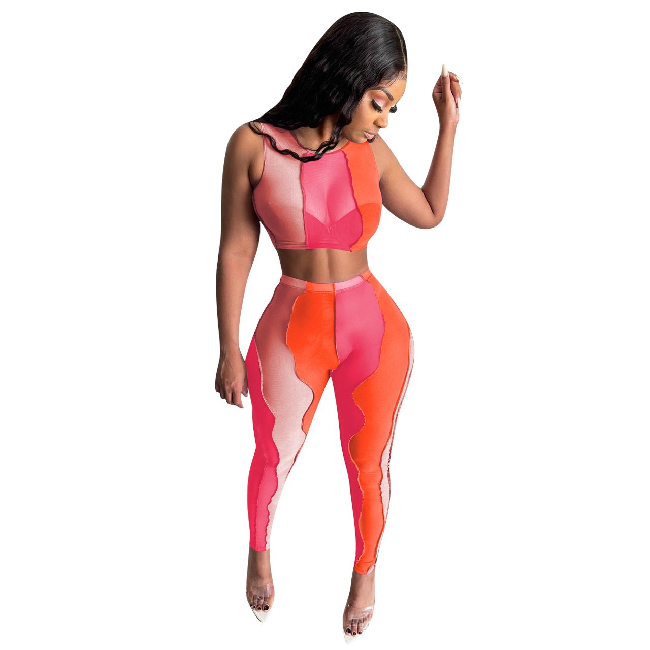 Contrast Stitch Colorblock Sheer Mesh 2 Piece