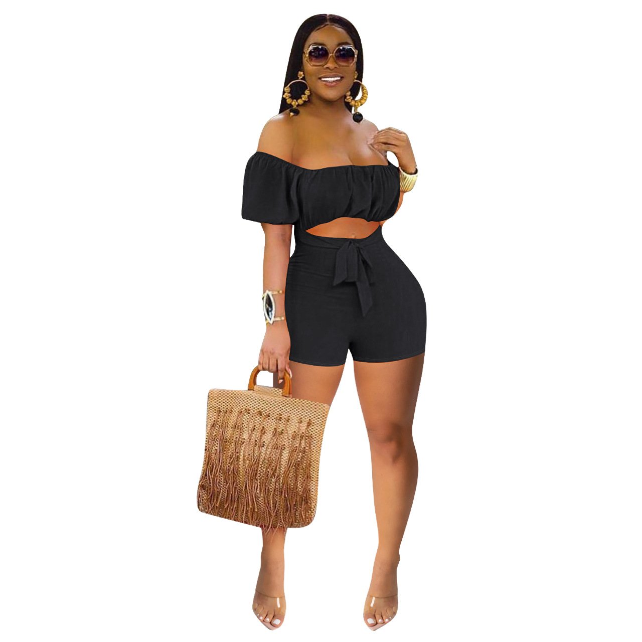 High Waist Cut Out Hollow Short Rompers Women Jumpsuit