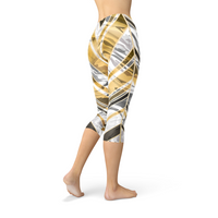 Thumbnail for White Marble w/ Black Gold Lines Capri Leggings