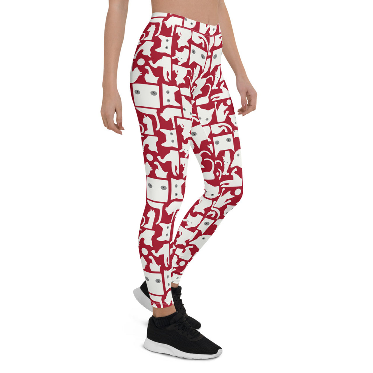 Womens White Cat Silhouette on Red Leggings